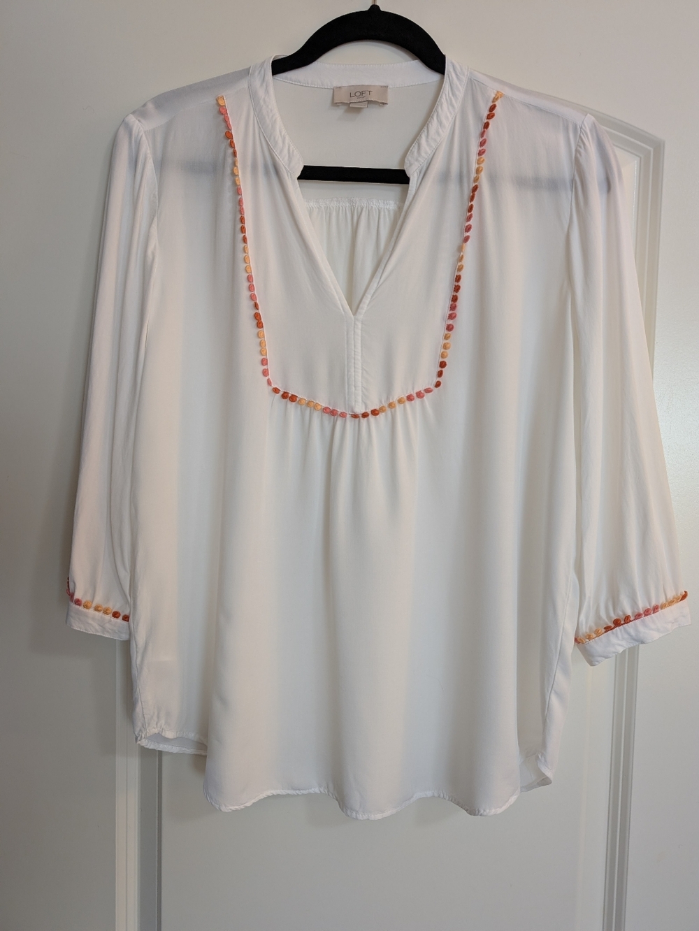 LOFT White Embellished Peasant Blouse Size Medium